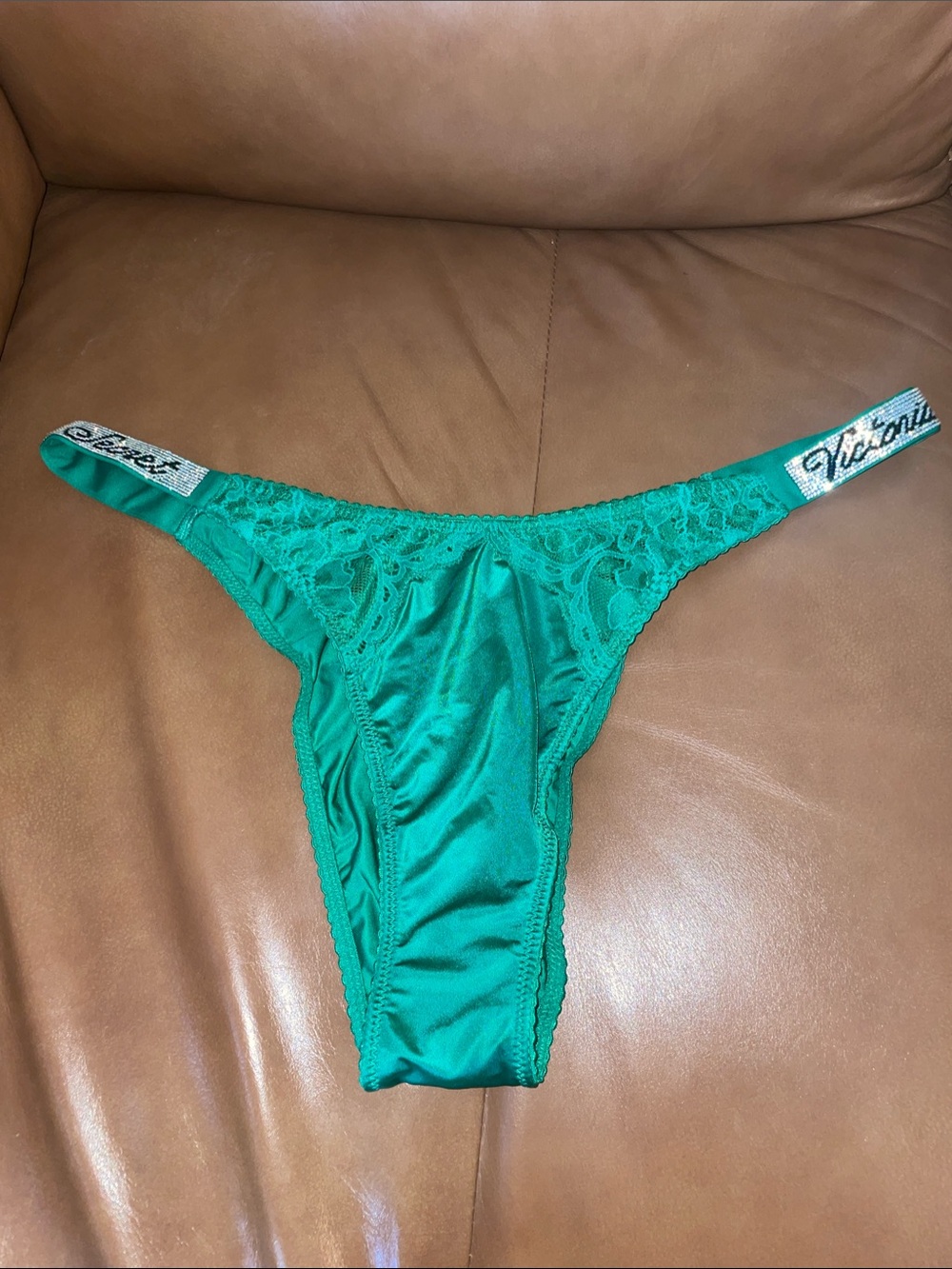 Victoria's Secret  Green Satin Brazilians with Rhinestone Straps